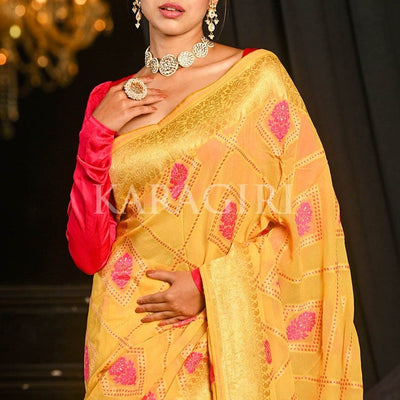 Saffron Yellow Khaddi Georgette Banarasi Saree