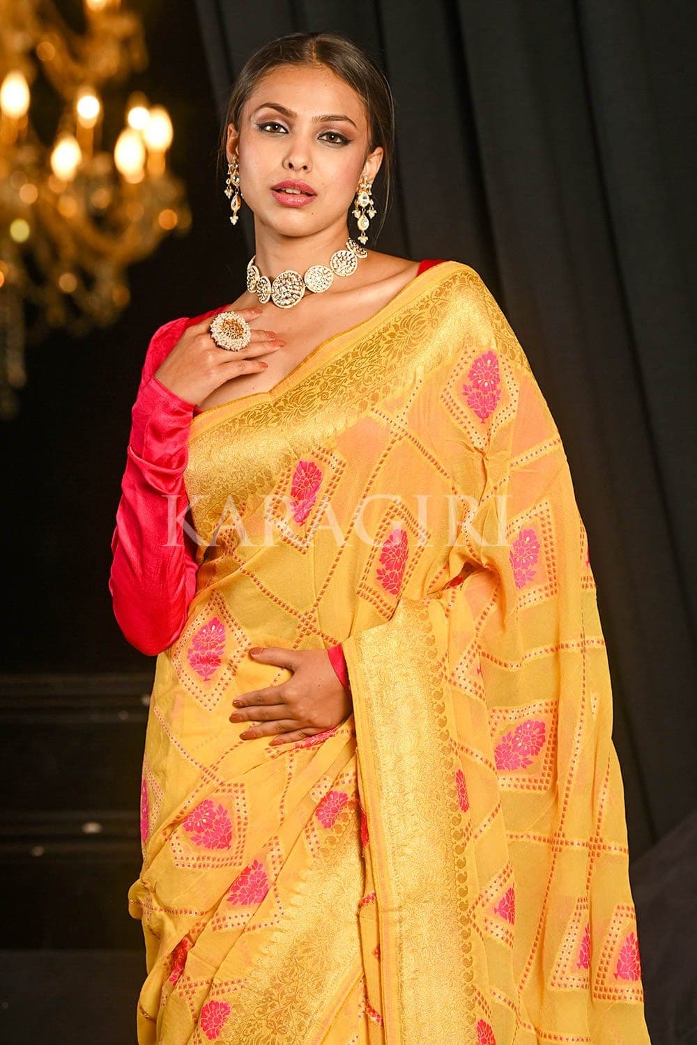Saffron Yellow Khaddi Georgette Banarasi Saree