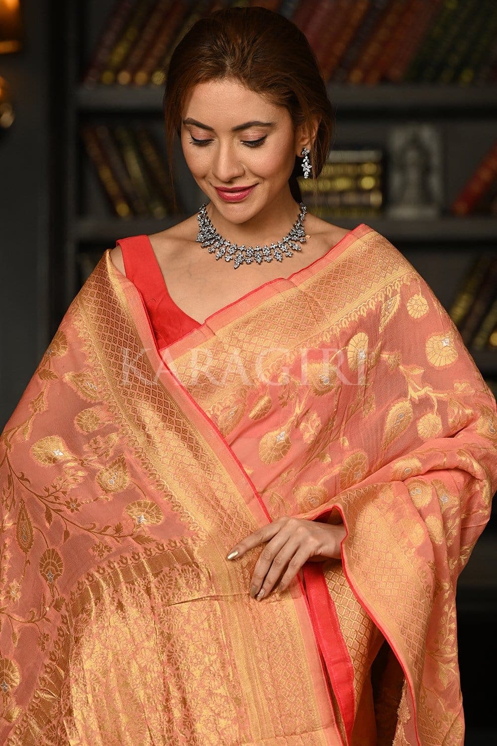 Salmon Pink Khaddi Banarasi Georgette Saree
