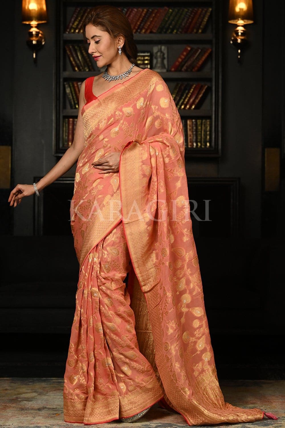 Salmon Pink Khaddi Banarasi Georgette Saree