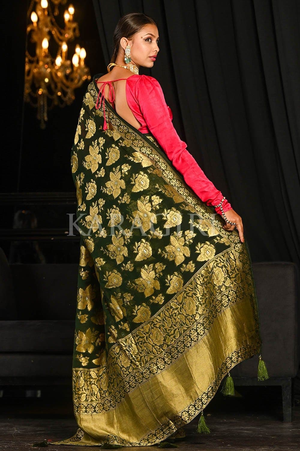 Spring Olive Green Banarasi Khaddi Georgette Saree