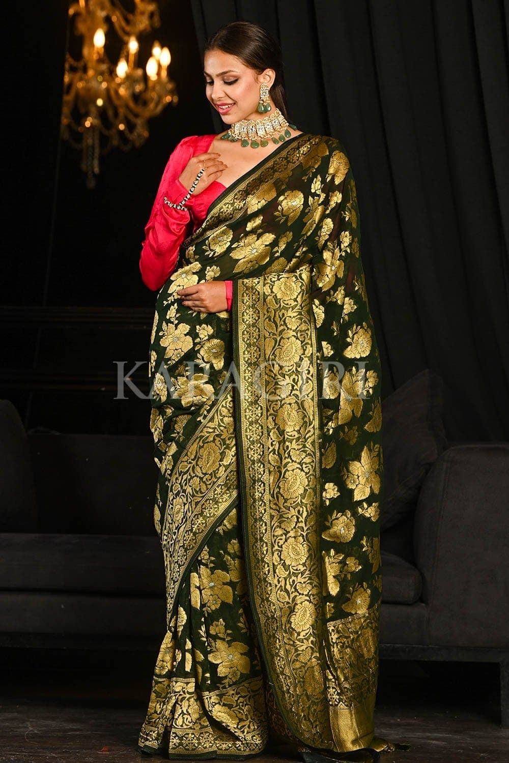 Spring Olive Green Banarasi Khaddi Georgette Saree