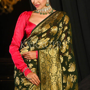 Spring Olive Green Banarasi Khaddi Georgette Saree