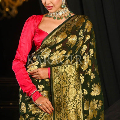 Spring Olive Green Banarasi Khaddi Georgette Saree