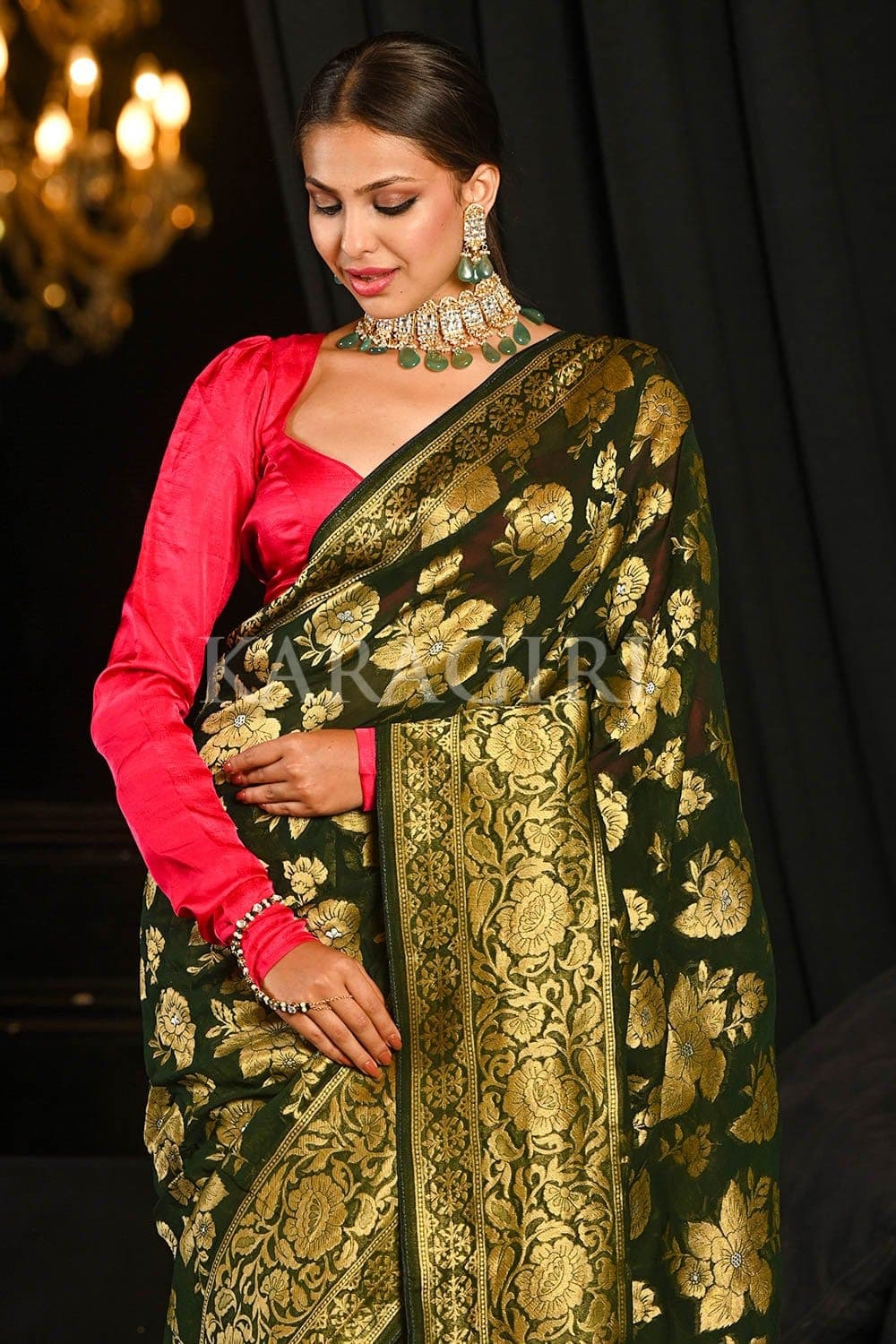 Spring Olive Green Banarasi Khaddi Georgette Saree