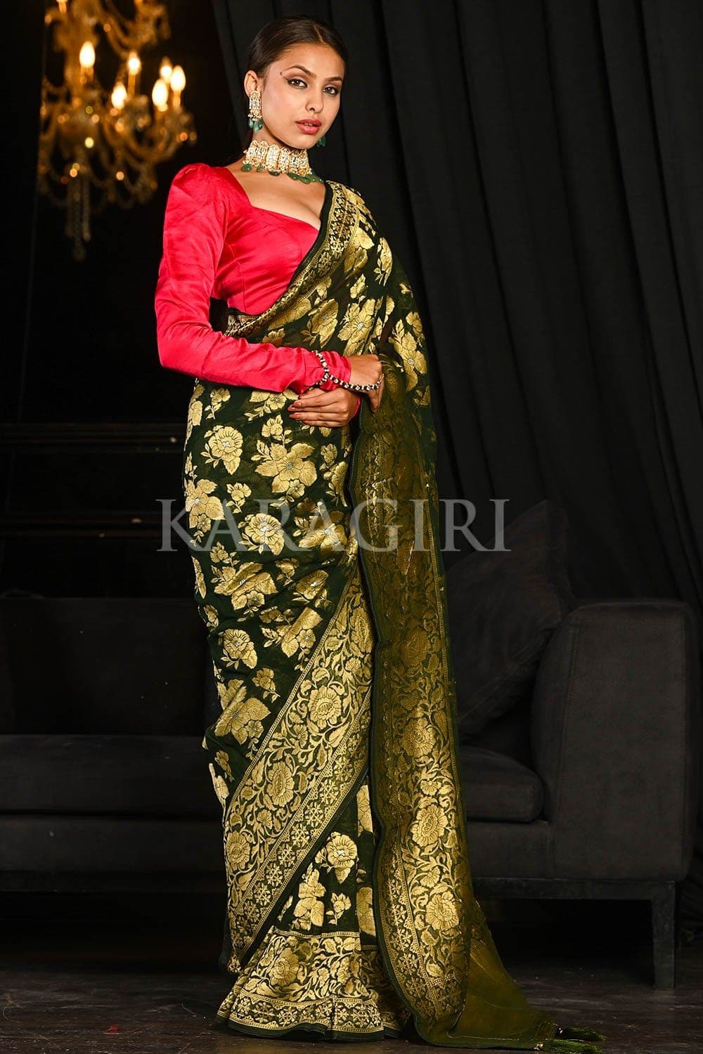 Spring Olive Green Banarasi Khaddi Georgette Saree