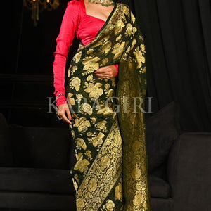 Spring Olive Green Banarasi Khaddi Georgette Saree