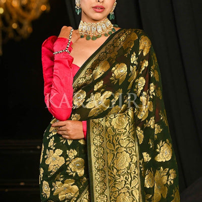 Spring Olive Green Banarasi Khaddi Georgette Saree