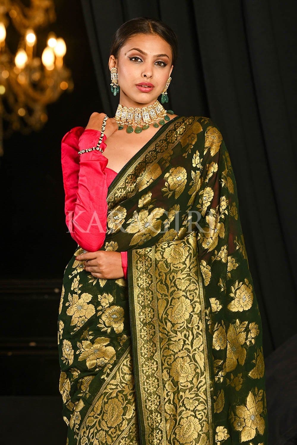 Spring Olive Green Banarasi Khaddi Georgette Saree