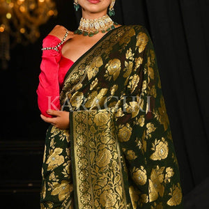 Spring Olive Green Banarasi Khaddi Georgette Saree