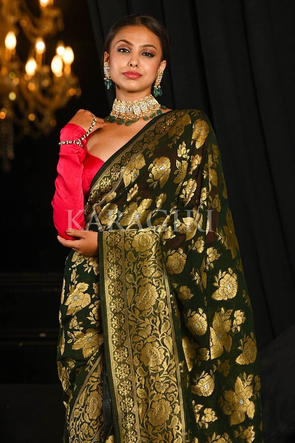 Spring Olive Green Banarasi Khaddi Georgette Saree
