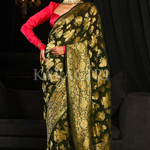 Spring Olive Green Banarasi Khaddi Georgette Saree