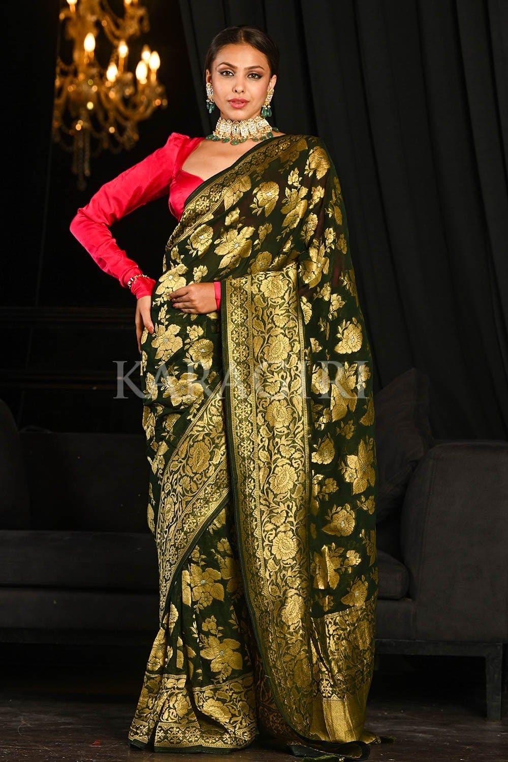 Spring Olive Green Banarasi Khaddi Georgette Saree