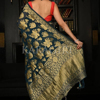 Teal Blue Khaddi Georgette Banarasi Saree
