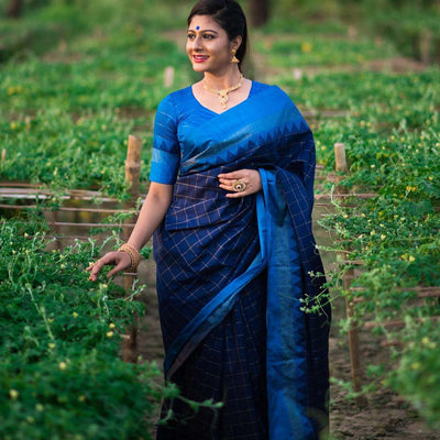 Tory Blue Blended Raw Silk Saree