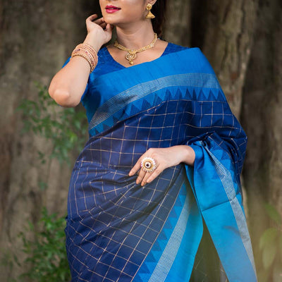 Tory Blue Blended Raw Silk Saree