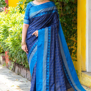 Tory Blue Blended Raw Silk Saree