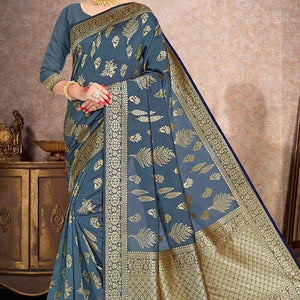Aegean Blue Printed Banarasi Saree