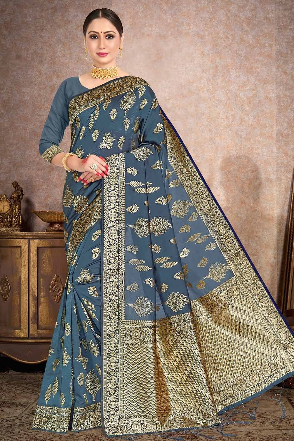 Aegean Blue Printed Banarasi Saree