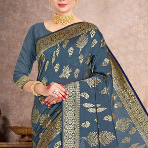 Aegean Blue Printed Banarasi Saree