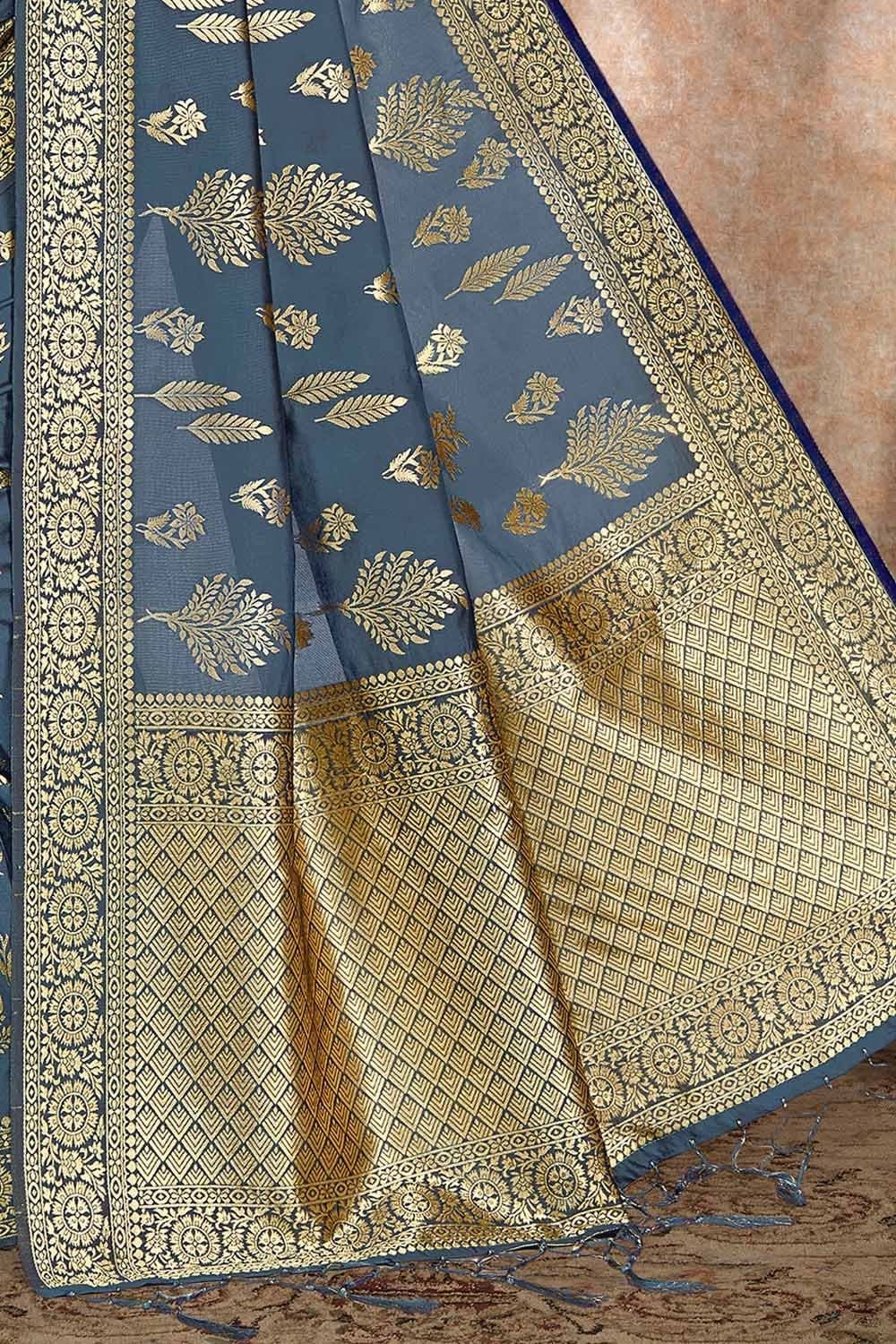Aegean Blue Printed Banarasi Saree