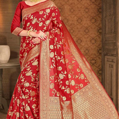 Crimson Red Printed Banarasi Saree