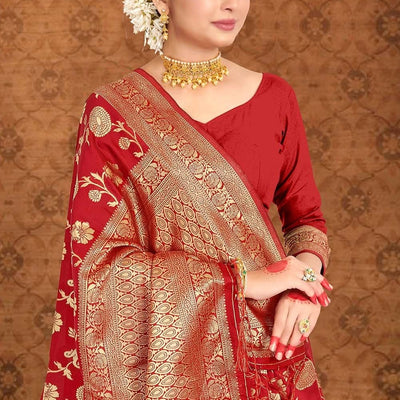 Crimson Red Printed Banarasi Saree
