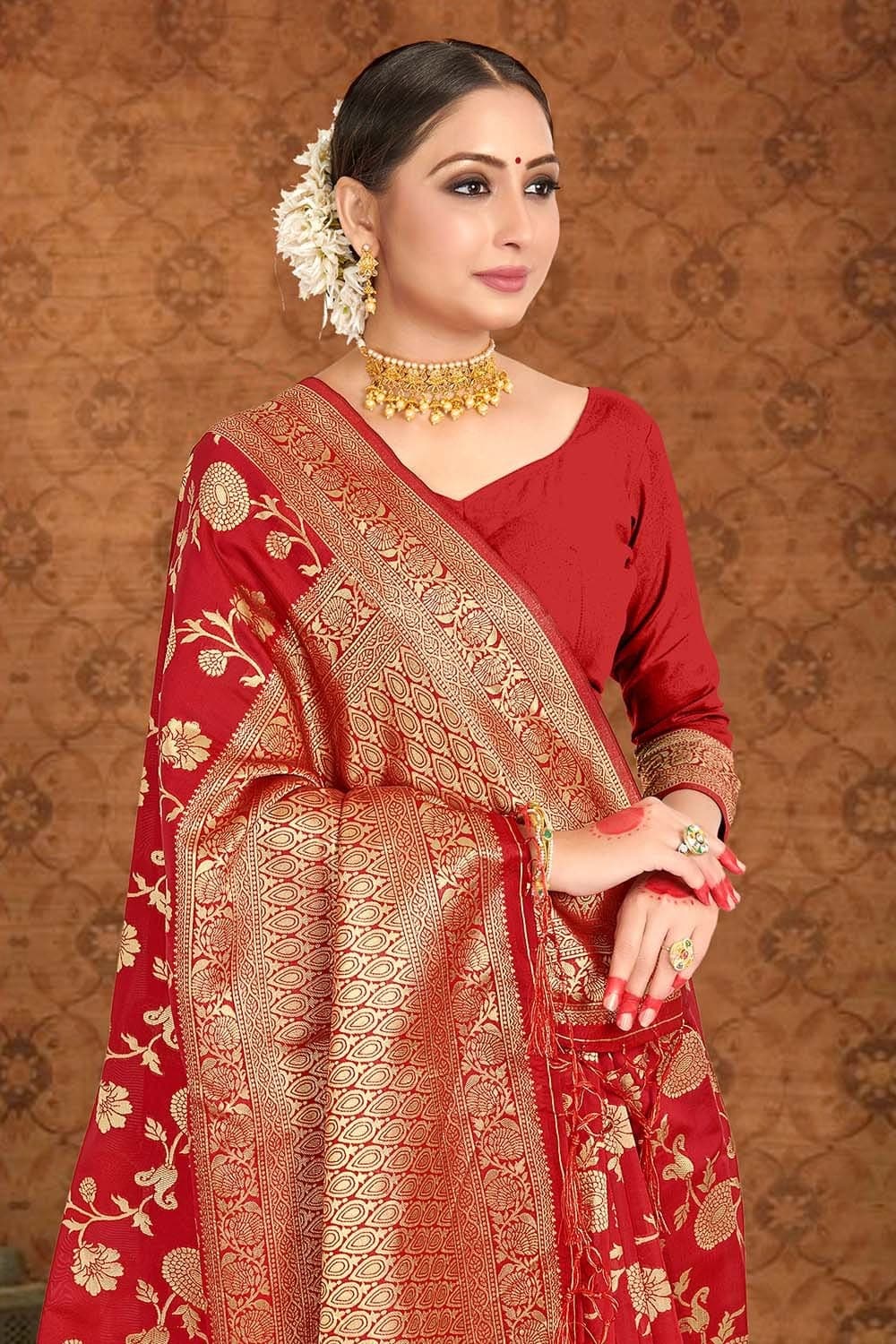 Crimson Red Printed Banarasi Saree