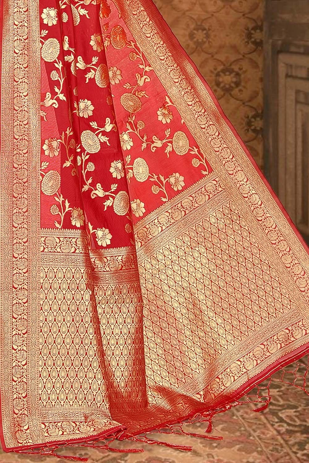 Crimson Red Printed Banarasi Saree