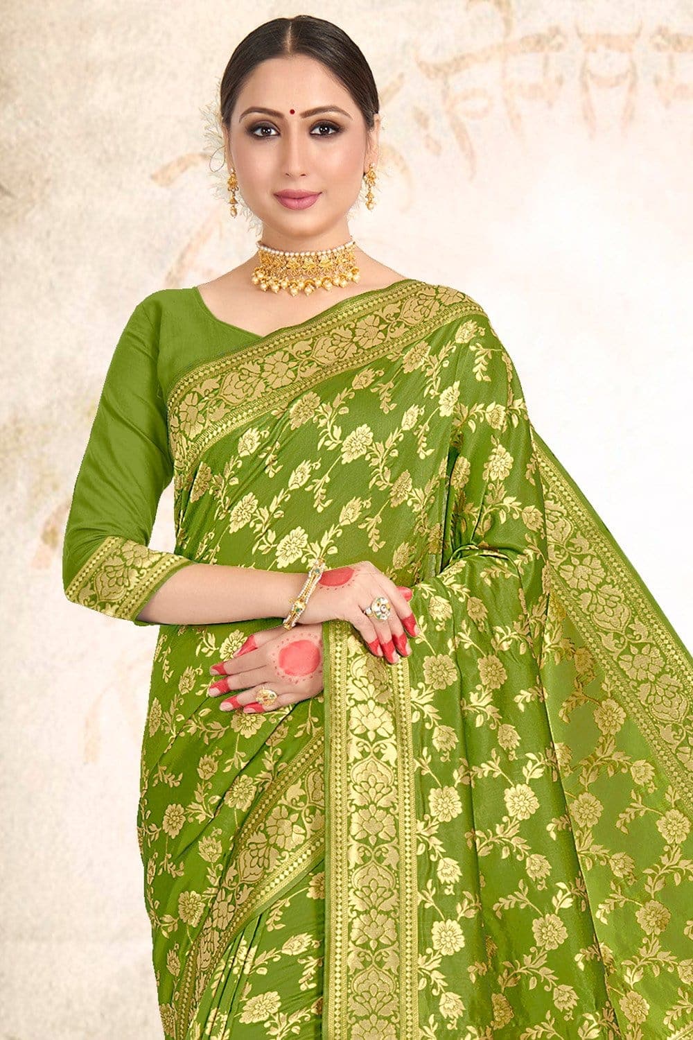 Kelly Green Printed Banarasi Saree