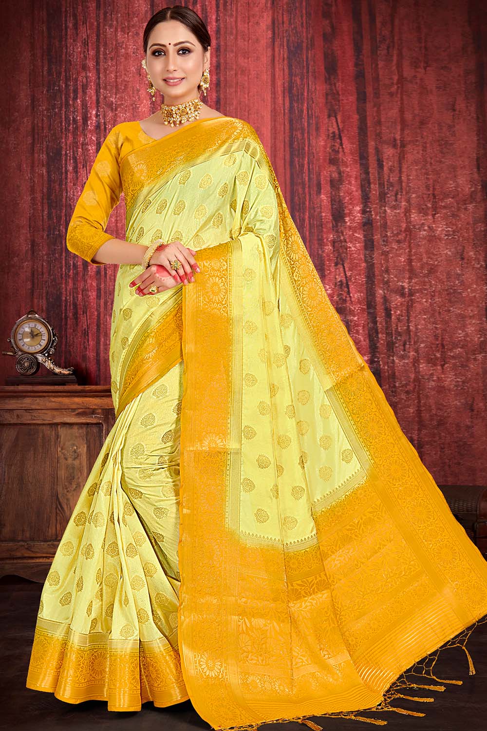 Lemon Yellow Zari Butta Saree
