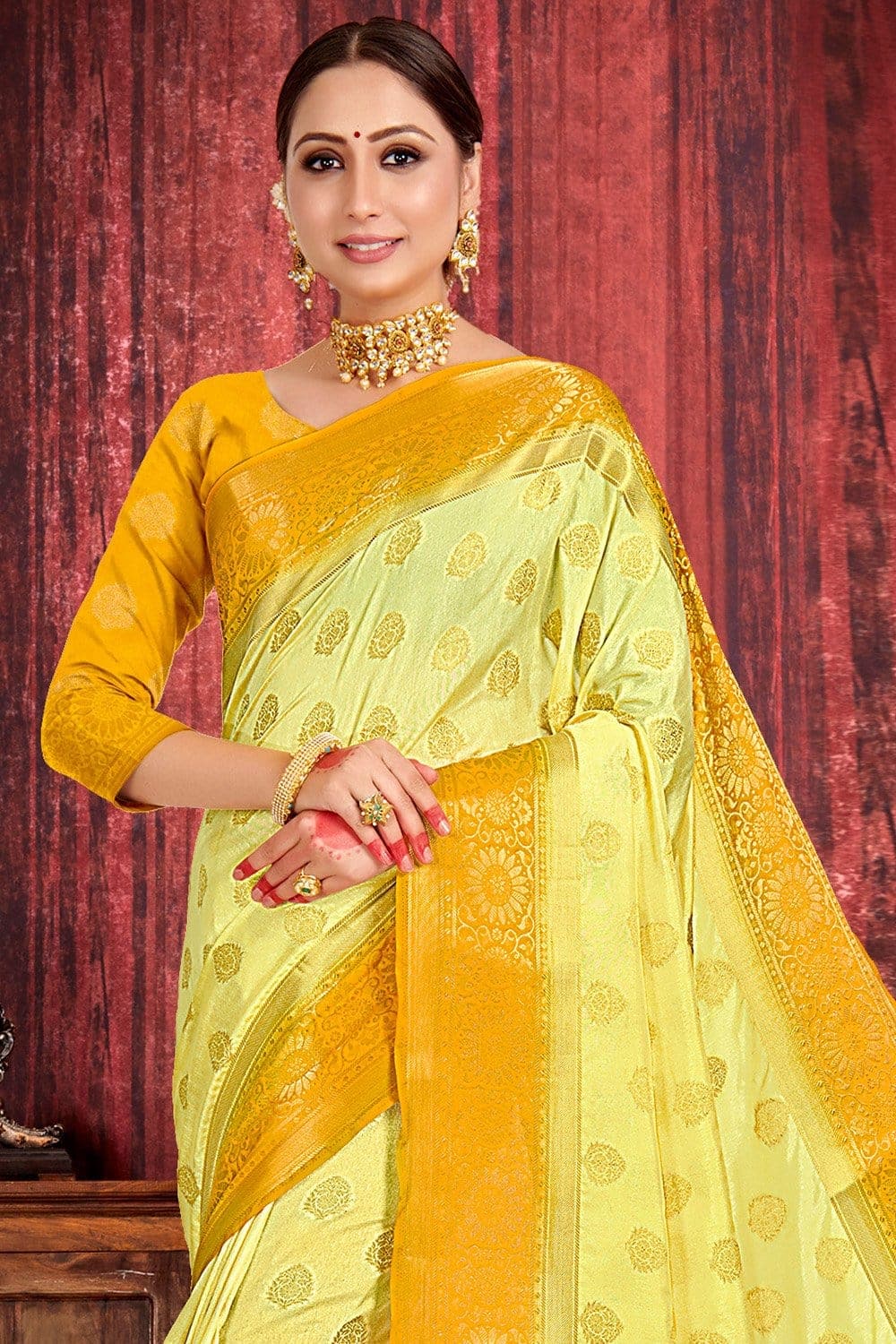 Lemon Yellow Zari Butta Saree