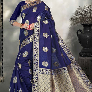 Navy Blue Zari Woven Banarasi Cotton Saree