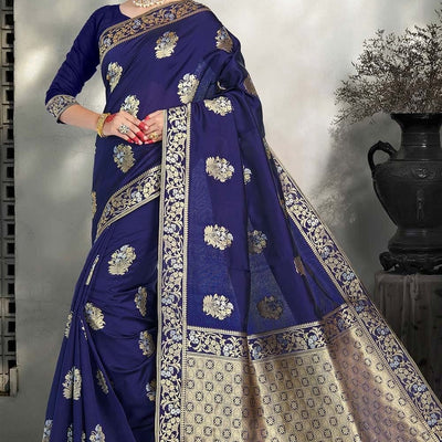 Navy Blue Zari Woven Banarasi Cotton Saree