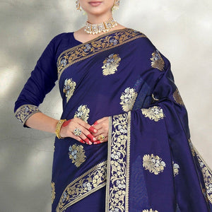 Navy Blue Zari Woven Banarasi Cotton Saree