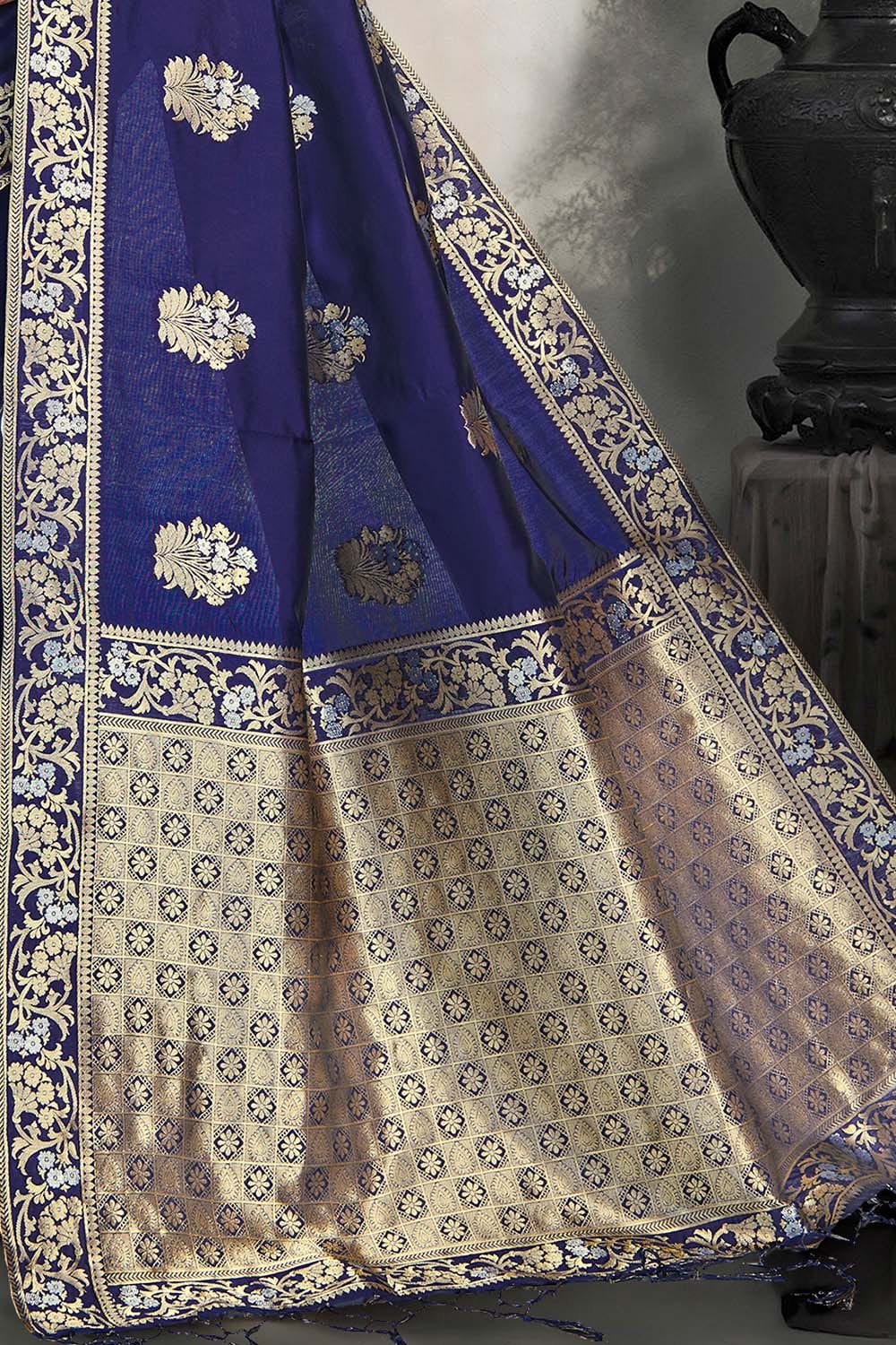 Navy Blue Zari Woven Banarasi Cotton Saree