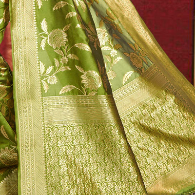 Olive Green Printed Banarasi Saree