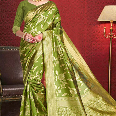 Olive Green Printed Banarasi Saree
