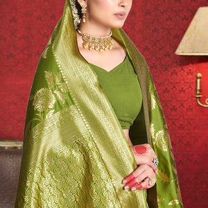 Olive Green Printed Banarasi Saree