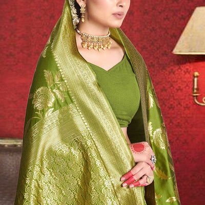 Olive Green Printed Banarasi Saree