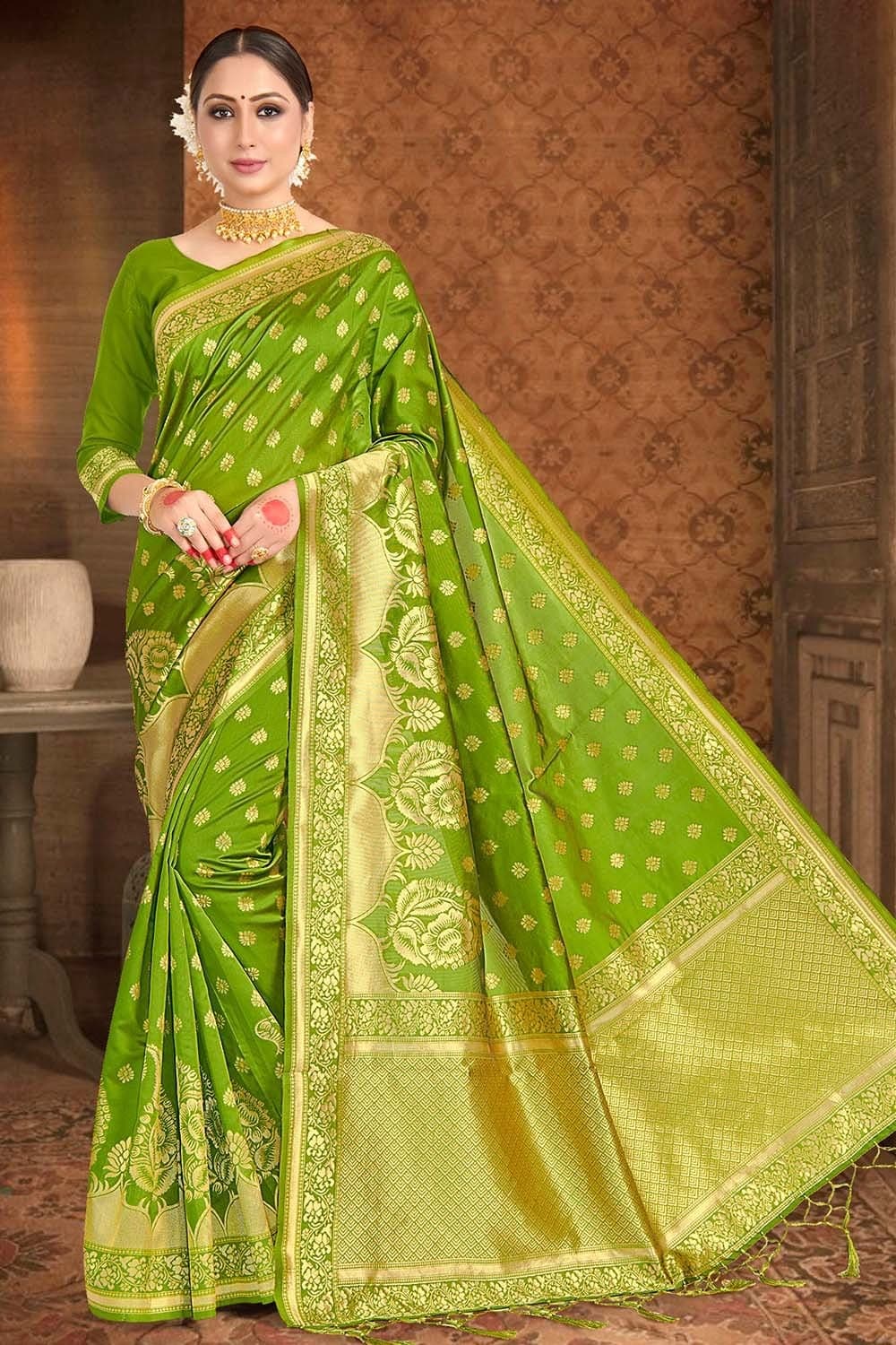 Pear Green Printed Banarasi Saree