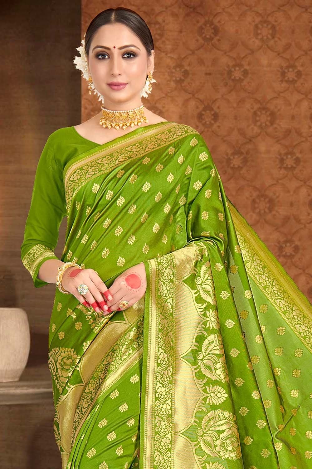 Pear Green Printed Banarasi Saree