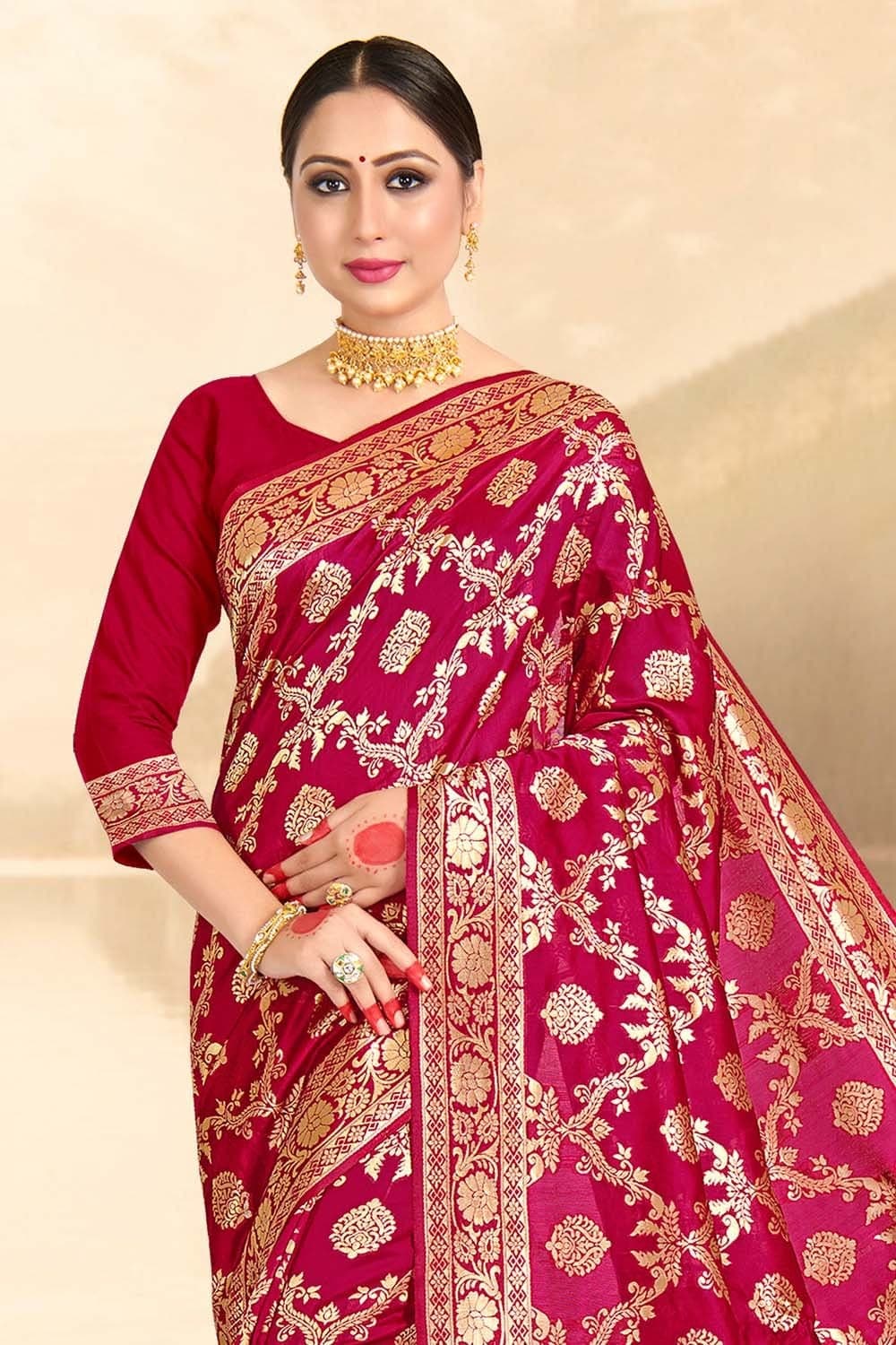 Ruby Pink Printed Banarasi Saree