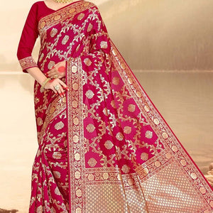 Ruby Pink Printed Banarasi Saree