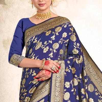 Space Blue Printed Banarasi Saree