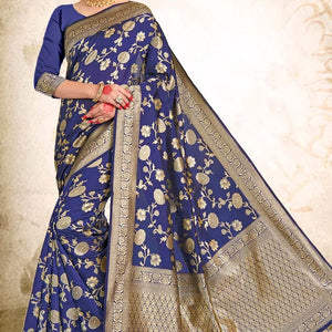 Space Blue Printed Banarasi Saree