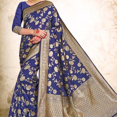 Space Blue Printed Banarasi Saree