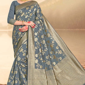 Steel Grey Printed Banarasi Saree