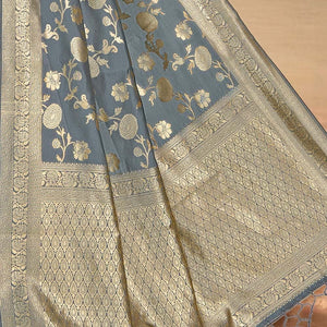 Steel Grey Printed Banarasi Saree