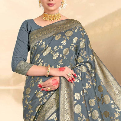 Steel Grey Printed Banarasi Saree
